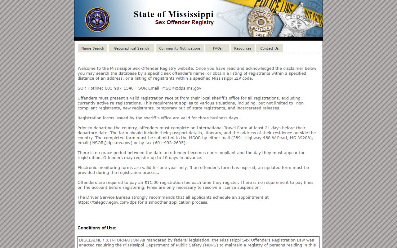 Carroll County arrest and charge resource: Mississippi sex offender registry search page
