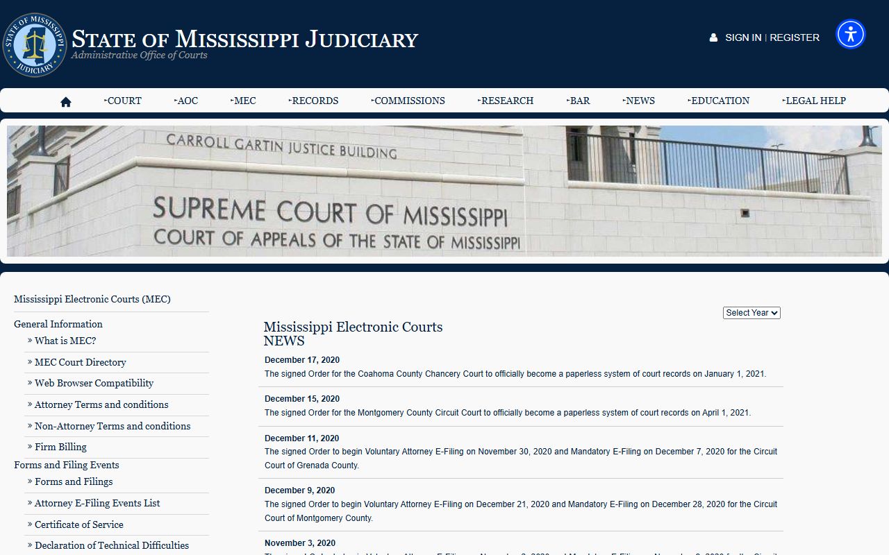 Mississippi Electronic Courts 2020 news page listing Carroll County circuit docket go-live