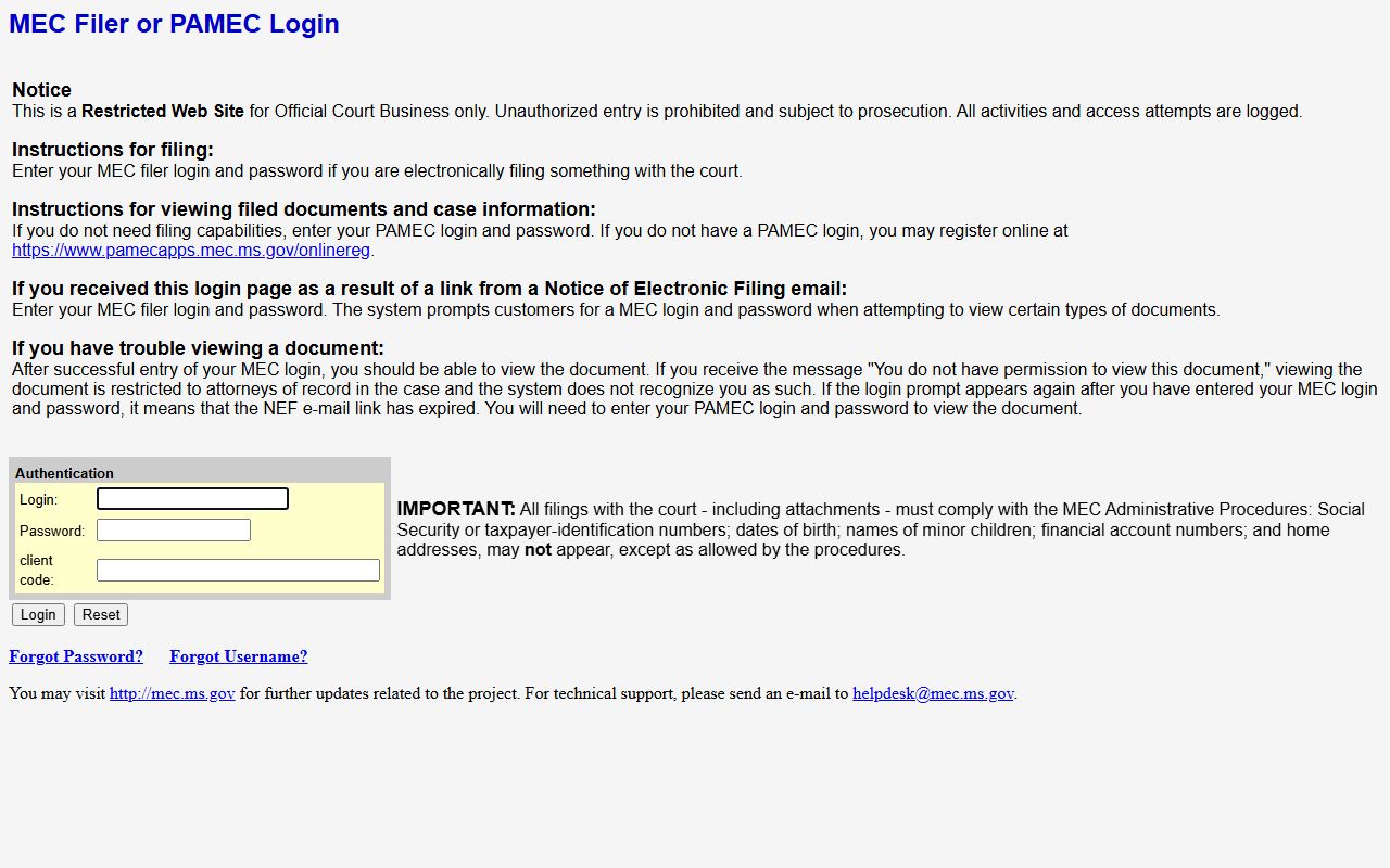 Sixth Chancery MEC login page for Carroll County chancery court dockets