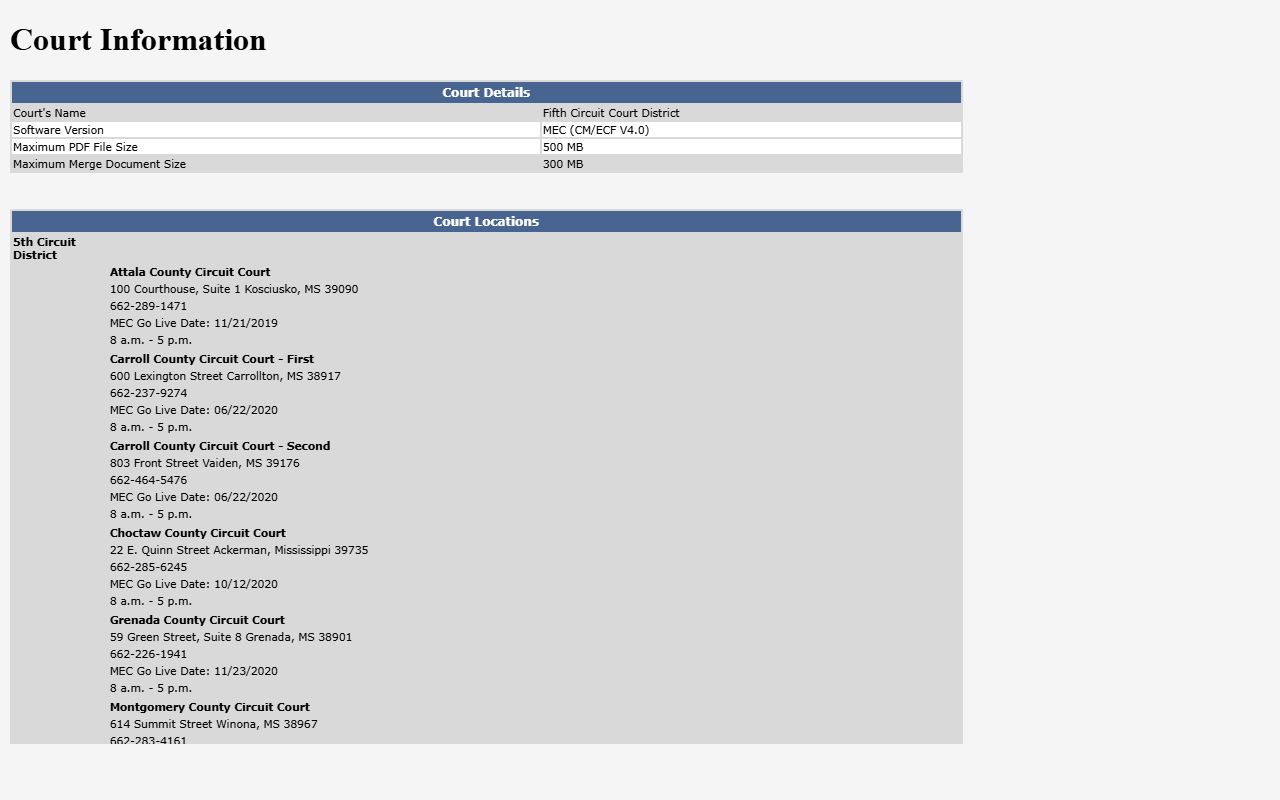 Carroll County court records on the Fifth Circuit MEC court information page