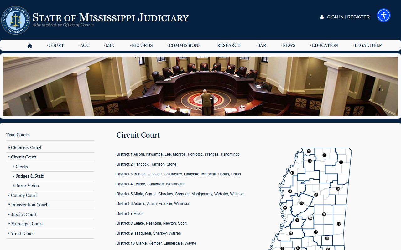 Carroll County Circuit Court jurisdiction shown on the Mississippi Judiciary Circuit Court page