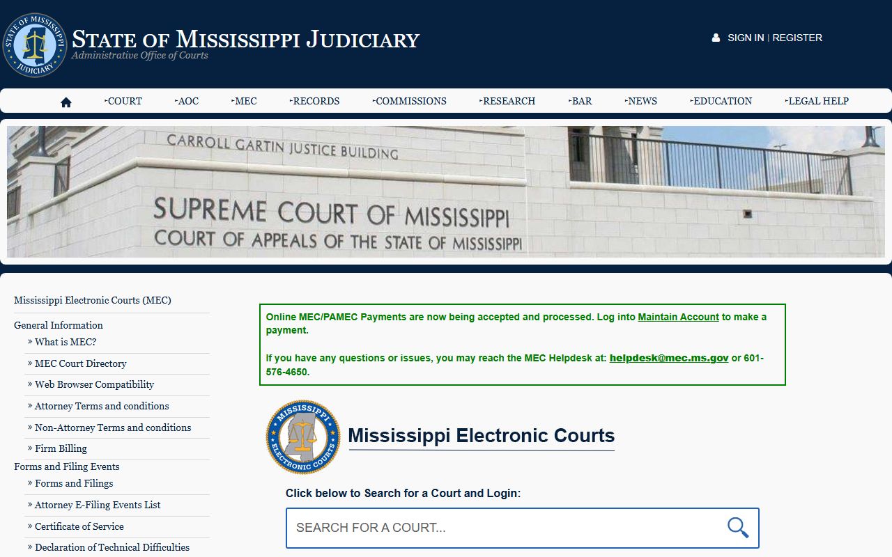 Carroll County court records Mississippi Electronic Courts landing page