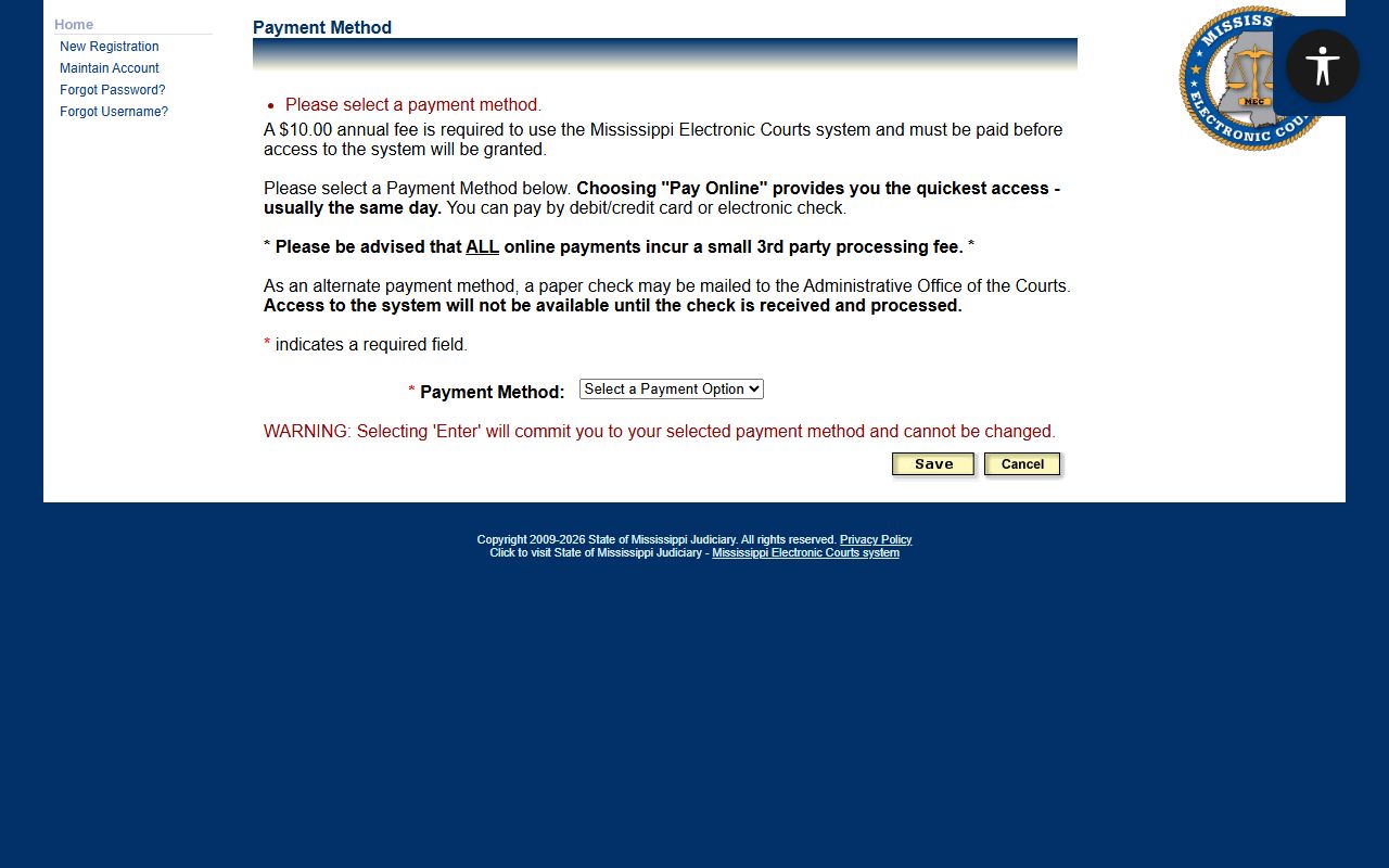 Carroll County court records PAMEC annual fee payment page