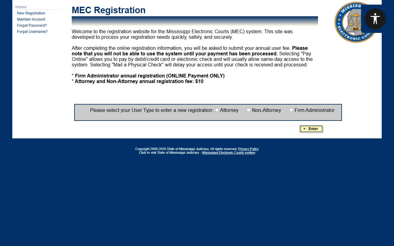 Carroll County court records PAMEC online registration page