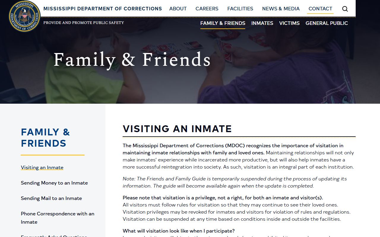 Carroll County inmate visitation guidance on the MDOC family and friends page