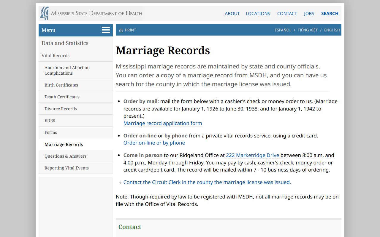 Carroll County marriage records on the Mississippi State Department of Health page