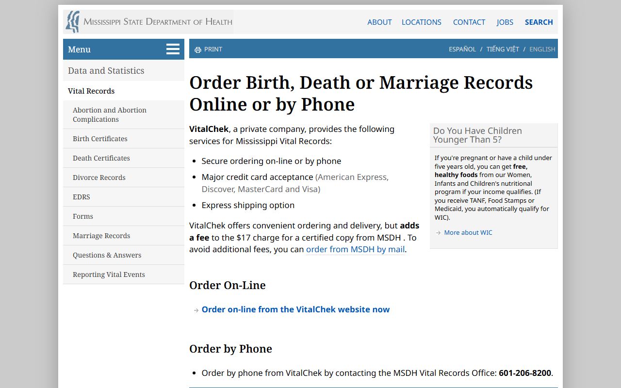 Carroll County marriage records order options on the MSDH Vital Records page