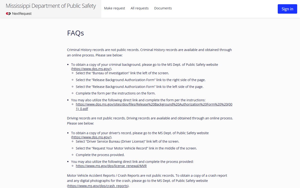 Carroll County traffic and driver record guidance on the Mississippi DPS public-records FAQ