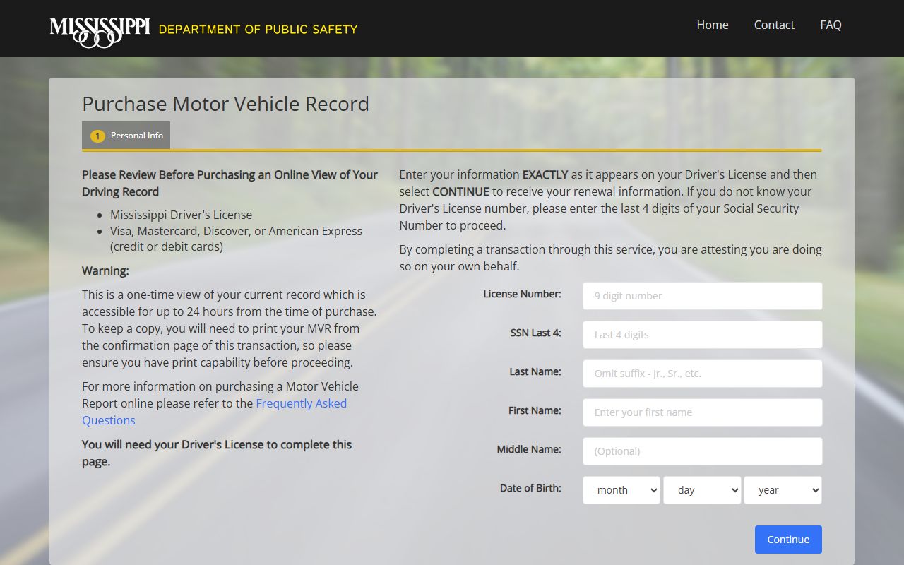 Carroll County traffic driver record order on the Mississippi certified MVR purchase form