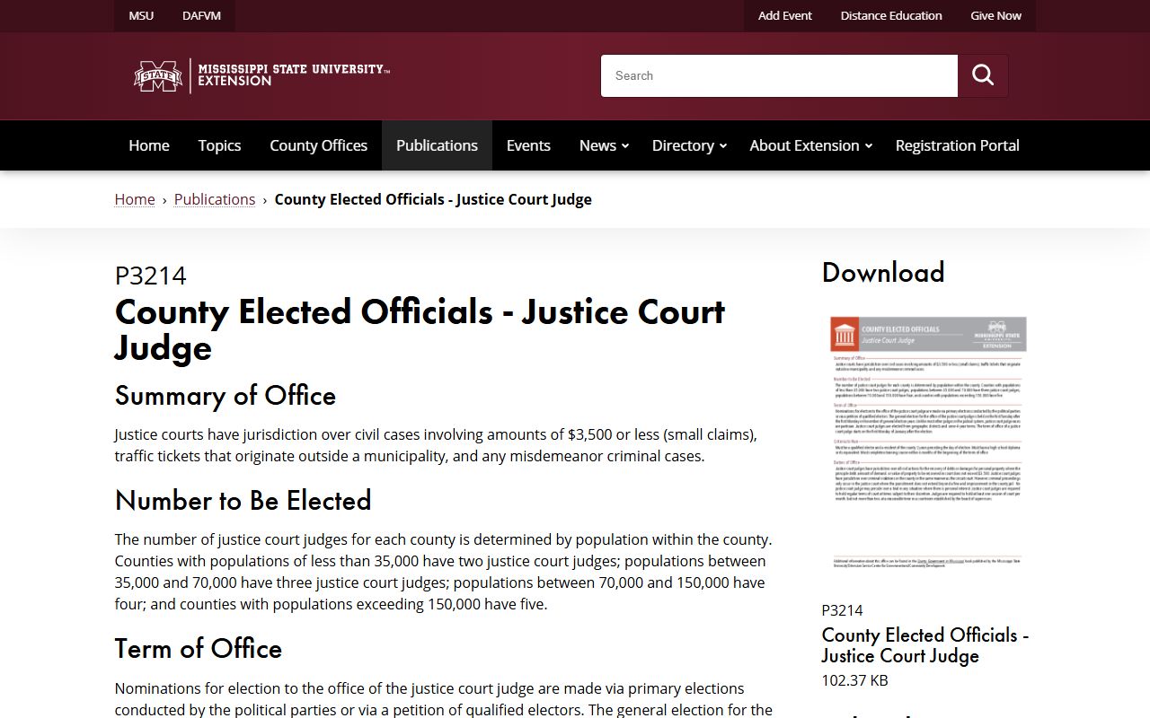 Carroll County warrant guidance on the Justice Court judge page from MSU Extension